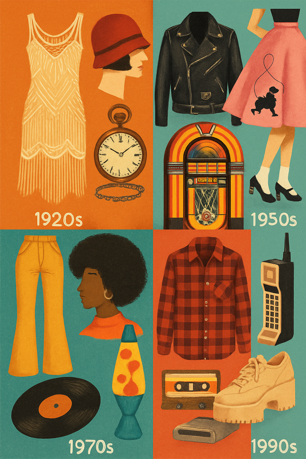 Roupas e objetos de diferentes décadas