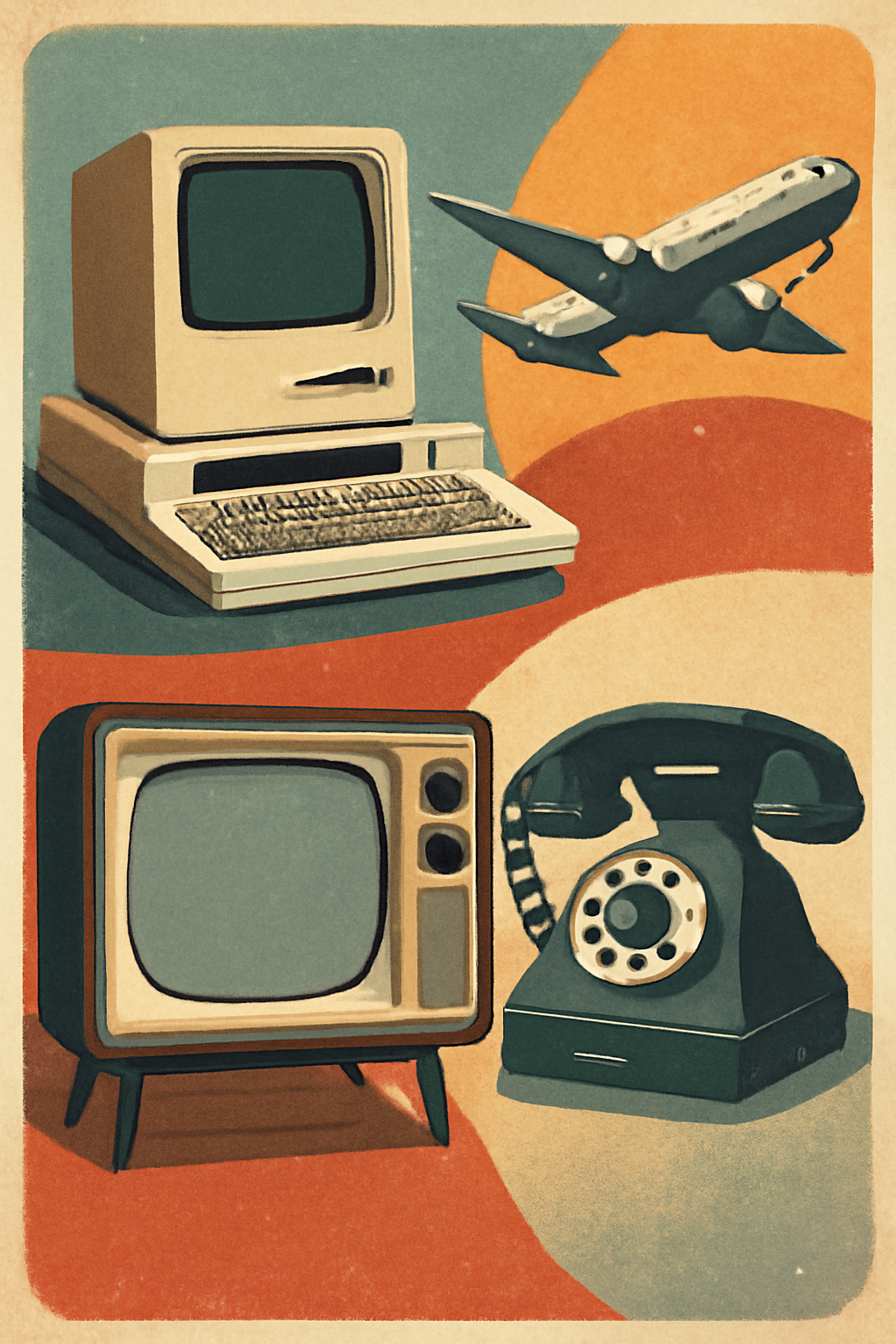 Collage mostrando as principais invenções do século XX incluindo computador, avião, televisão e telefone